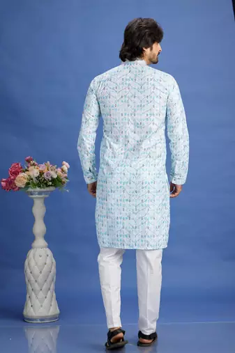 blue embroidery cotton fabric with digital print straight kurta pajama for men