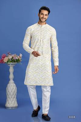 yellow embroidery cotton fabric with digital print straight kurta pajama for men 1