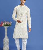 Yellow embroidery cotton fabric with digital print straight kurta for men