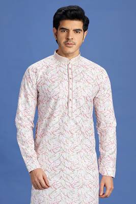 pink  embroidery cotton fabric with digital print straight kurta pajama for men 3