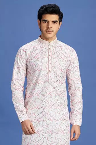 pink  embroidery cotton fabric with digital print straight kurta pajama for men