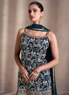 Teal embroidery chinnon silk zari thread work sharara suit with dupatta 2