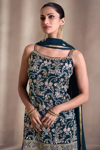 Teal embroidery chinnon silk zari thread work sharara suit with dupatta