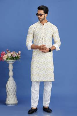 yellow embroidery cotton fabric with digital print straight kurta pajama for men 2