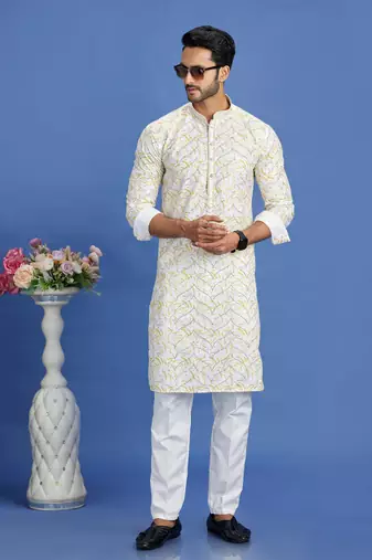 yellow embroidery cotton fabric with digital print straight kurta pajama for men