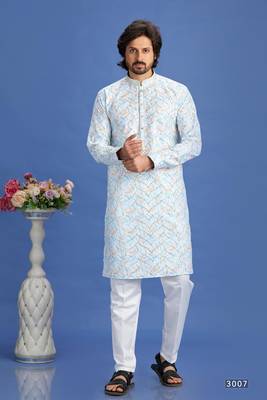 blue embroidery cotton fabric with digital print straight kurta pajama for men 1
