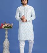 Blue embroidery cotton fabric with digital print straight kurta for men