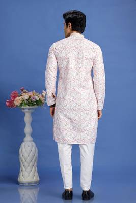 pink  embroidery cotton fabric with digital print straight kurta pajama for men 4