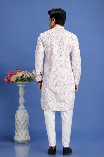 pink  embroidery cotton fabric with digital print straight kurta pajama for men