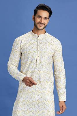 yellow embroidery cotton fabric with digital print straight kurta pajama for men 3