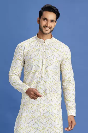 yellow embroidery cotton fabric with digital print straight kurta pajama for men