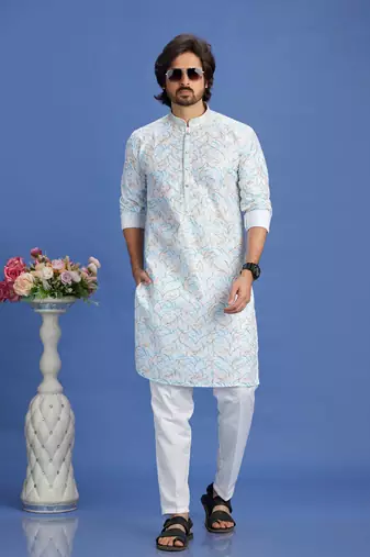 blue embroidery cotton fabric with digital print straight kurta pajama for men