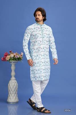 multi colour blue  embroidery cotton fabric with digital print straight kurta pajama for men 1