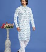 Multi colour blue  embroidery cotton fabric with digital print straight kurta for men