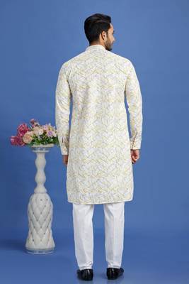 yellow embroidery cotton fabric with digital print straight kurta pajama for men 4