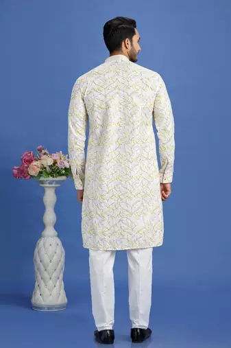 yellow embroidery cotton fabric with digital print straight kurta pajama for men