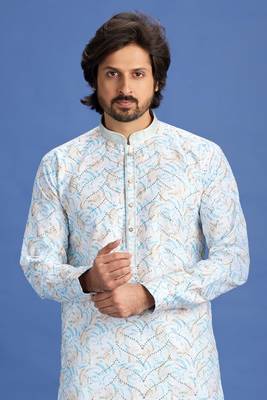 blue embroidery cotton fabric with digital print straight kurta pajama for men 3