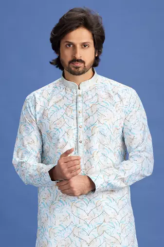 blue embroidery cotton fabric with digital print straight kurta pajama for men