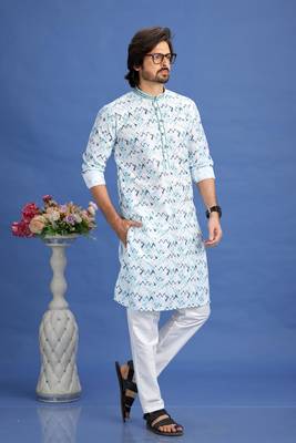 multi colour blue  embroidery cotton fabric with digital print straight kurta pajama for men 2
