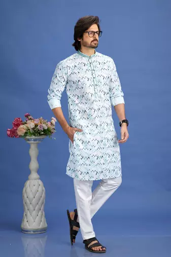 multi colour blue  embroidery cotton fabric with digital print straight kurta pajama for men
