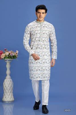 multi colour blue embroidery cotton fabric with digital print straight kurta pajama for men 1