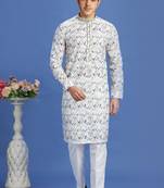 Multi colour blue embroidery cotton fabric with digital print straight kurta for men