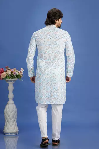 blue embroidery cotton fabric with digital print straight kurta pajama for men