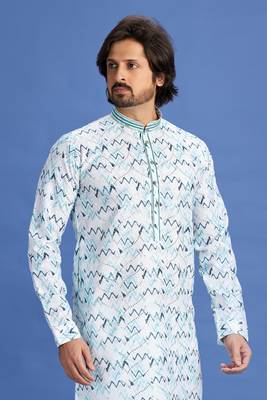 multi colour blue  embroidery cotton fabric with digital print straight kurta pajama for men 3