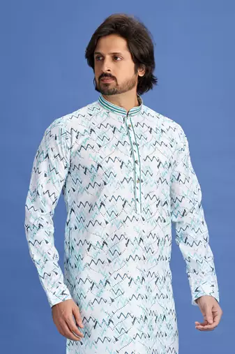multi colour blue  embroidery cotton fabric with digital print straight kurta pajama for men