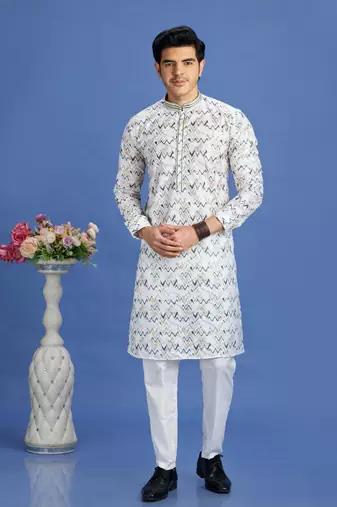 multi colour blue embroidery cotton fabric with digital print straight kurta pajama for men