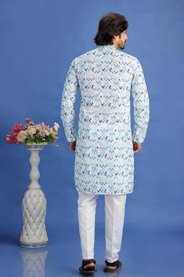 multi colour blue  embroidery cotton fabric with digital print straight kurta pajama for men 4