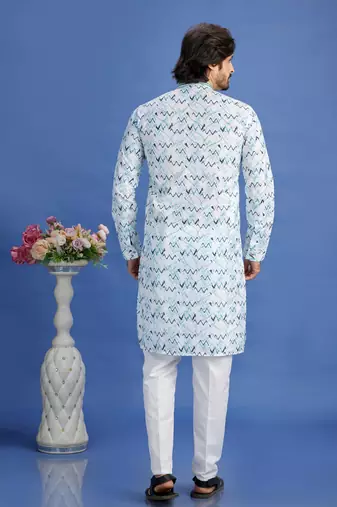 multi colour blue  embroidery cotton fabric with digital print straight kurta pajama for men