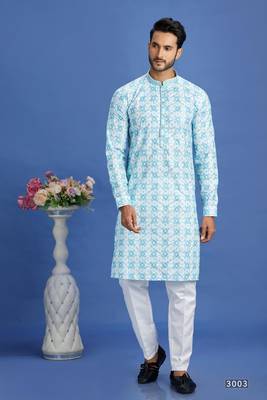 blue  embroidery cotton fabric with digital print straight kurta pajama for men 1