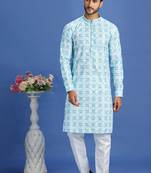 Blue  embroidery cotton fabric with digital print straight kurta for men