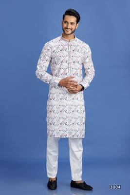 multi colour pink/blue  embroidery cotton fabric with digital print straight kurta pajama for men 1