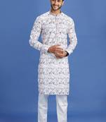 Multi colour pink/blue  embroidery cotton fabric with digital print straight kurta for men