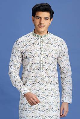 multi colour blue embroidery cotton fabric with digital print straight kurta pajama for men 3