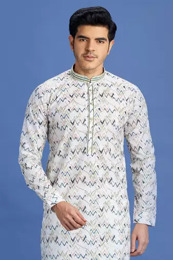 multi colour blue embroidery cotton fabric with digital print straight kurta pajama for men