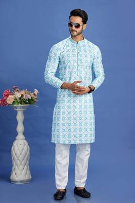 blue  embroidery cotton fabric with digital print straight kurta pajama for men 2