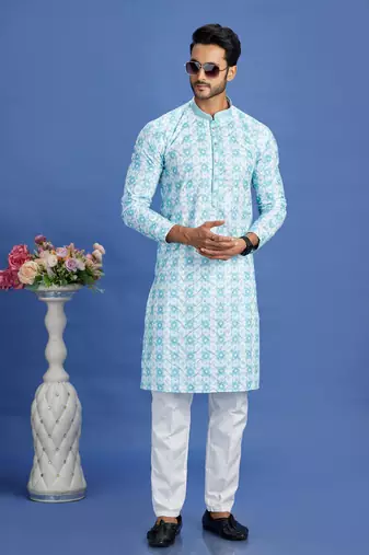 blue  embroidery cotton fabric with digital print straight kurta pajama for men