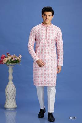 pink embroidery cotton fabric with digital print straight kurta pajama for men 1