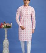 Pink embroidery cotton fabric with digital print straight kurta for men