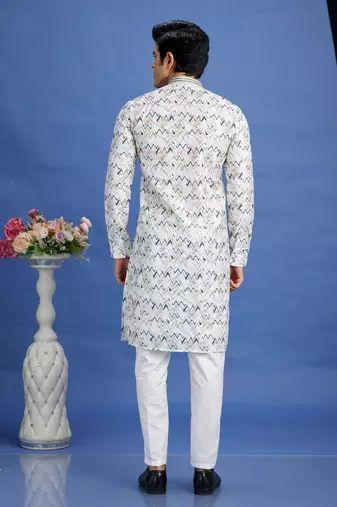 multi colour blue embroidery cotton fabric with digital print straight kurta pajama for men