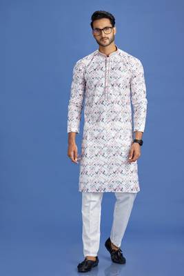 multi colour pink/blue  embroidery cotton fabric with digital print straight kurta pajama for men 2