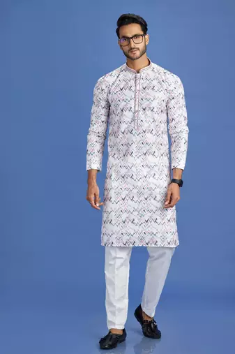 multi colour pink/blue  embroidery cotton fabric with digital print straight kurta pajama for men