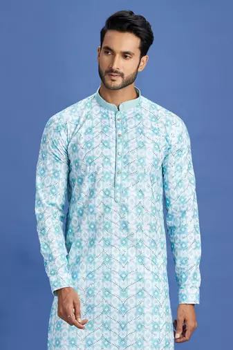 blue  embroidery cotton fabric with digital print straight kurta pajama for men