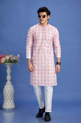 pink embroidery cotton fabric with digital print straight kurta pajama for men
