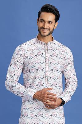 multi colour pink/blue  embroidery cotton fabric with digital print straight kurta pajama for men 3