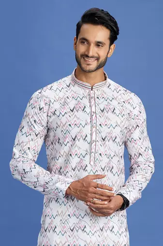 multi colour pink/blue  embroidery cotton fabric with digital print straight kurta pajama for men