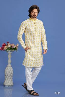 yellow embroidery cotton fabric with digital print straight kurta pajama for men 1
